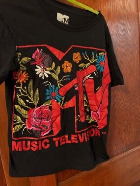 MTV Black Tee with Red Logo and Floral Embroidery